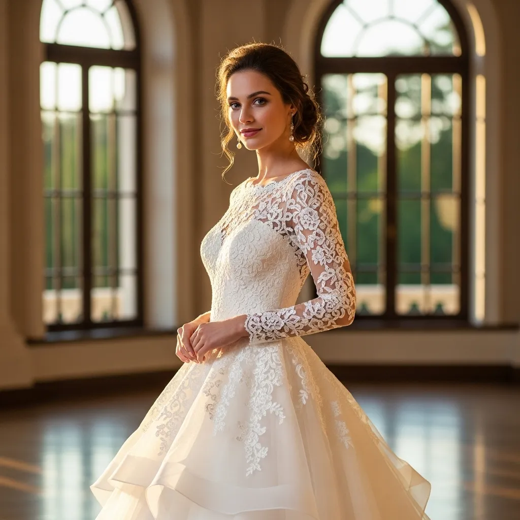 Classic Long-Sleeve Lace Ball Gown