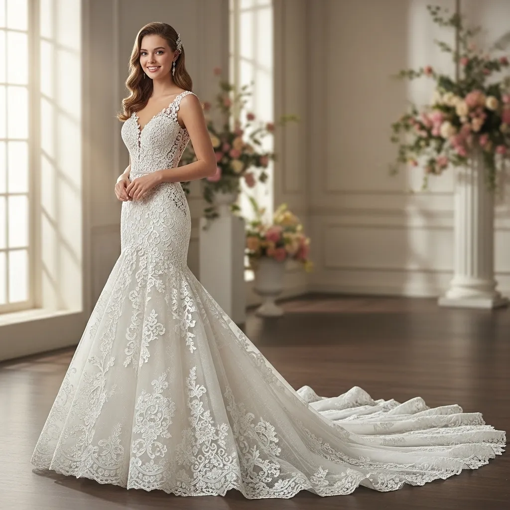 Corded Lace Fit-and-Flare Dress with Train