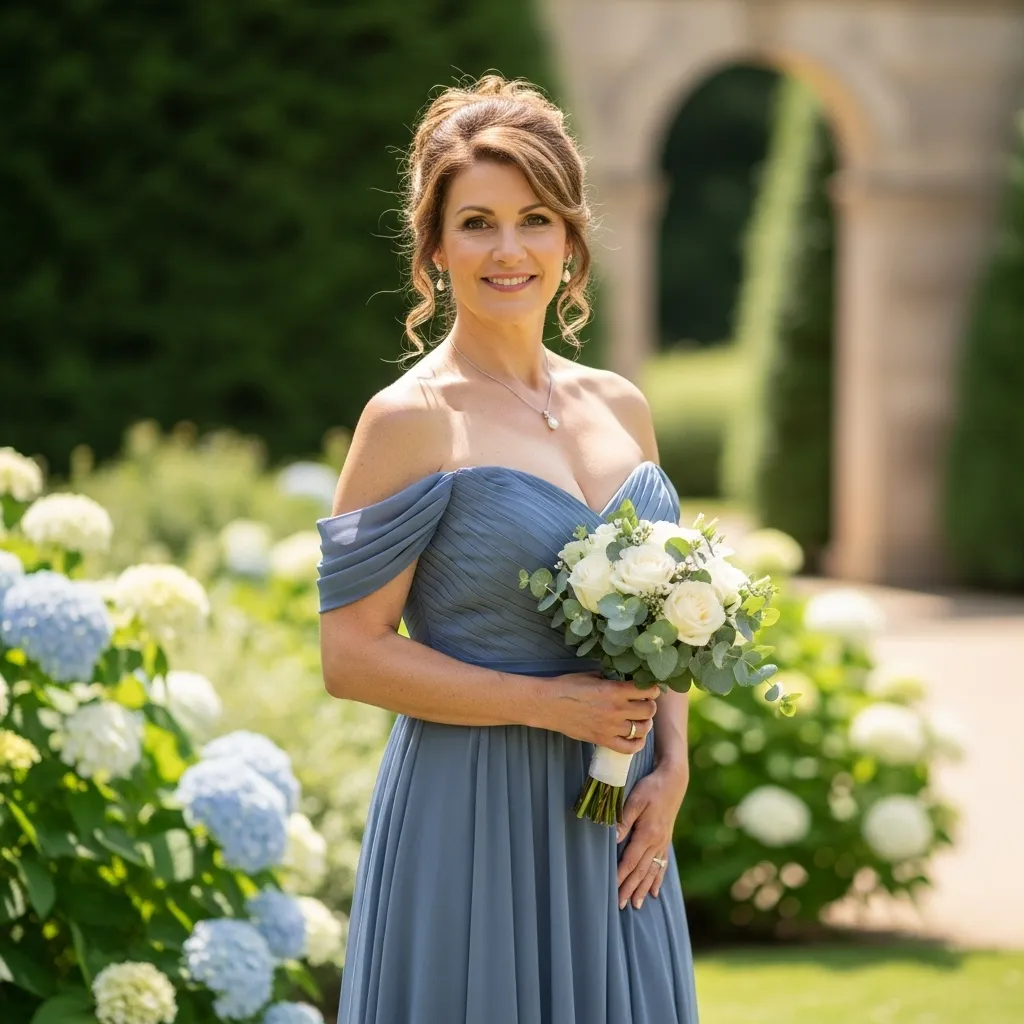 Dusty Blue Off-the-Shoulder Gown