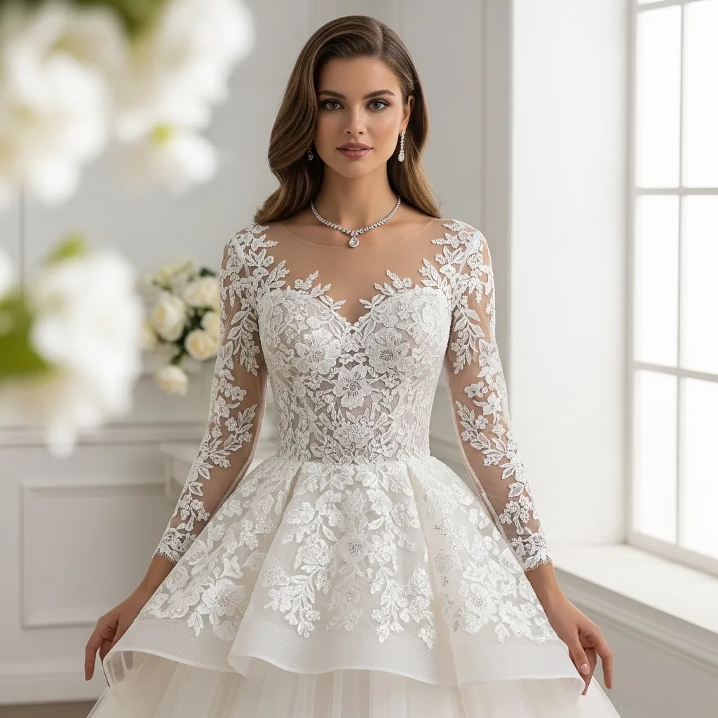 Embroidered Long-Sleeve Trumpet Gown