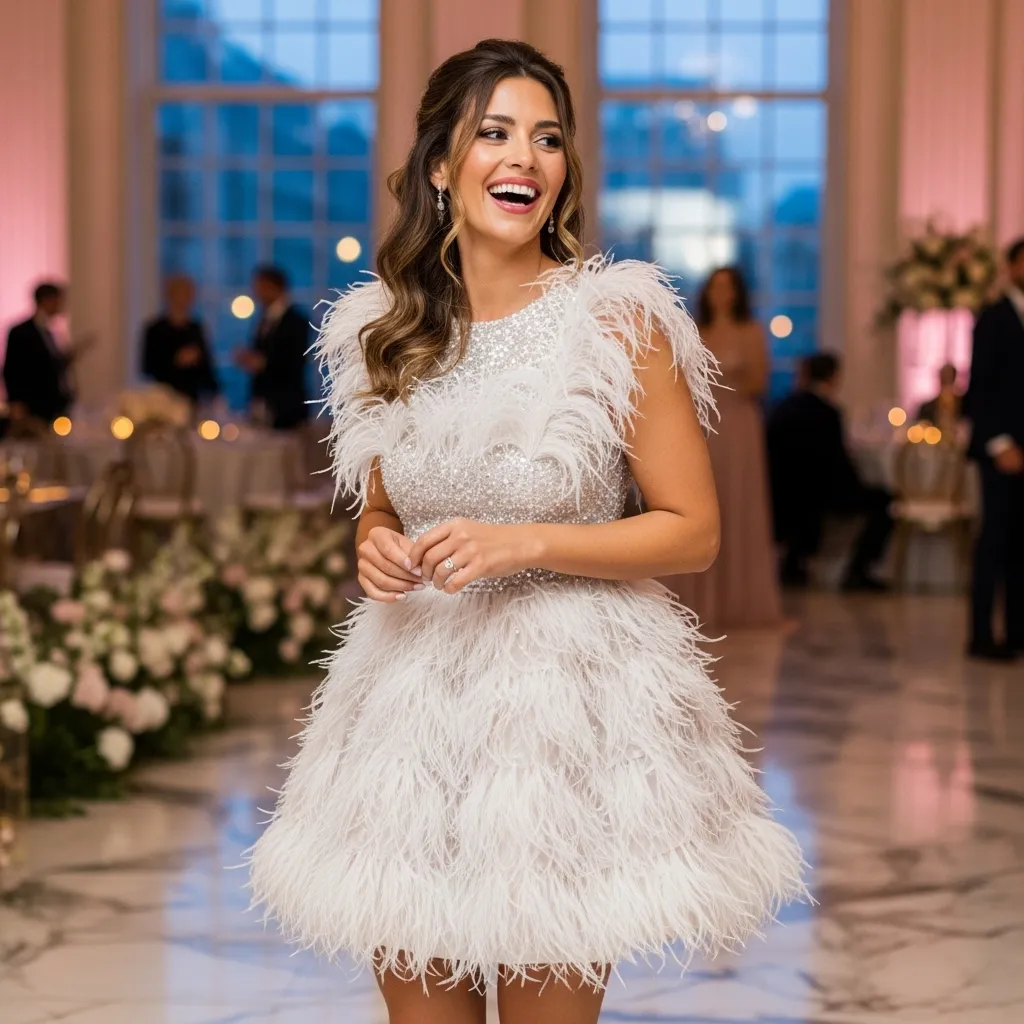 Feather-Trimmed Mini Dress (Soft, Party-Ready)