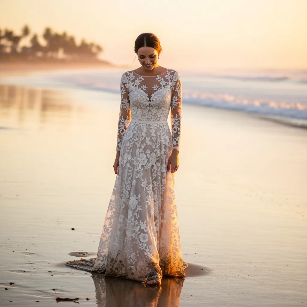 Floral Lace Illusion Long-Sleeve Gown