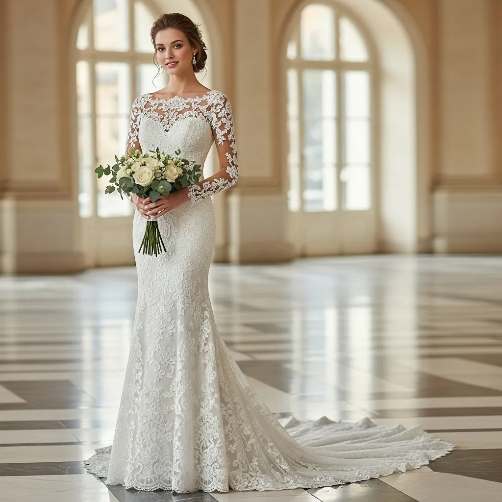 French Lace Long-Sleeve Sheath with Train
