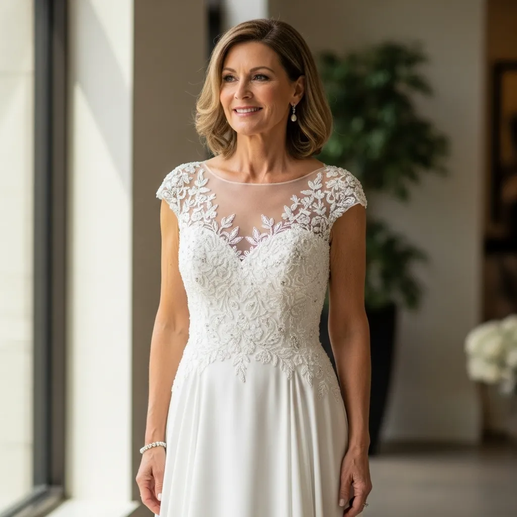Ivory Beaded Illusion Neckline Dress