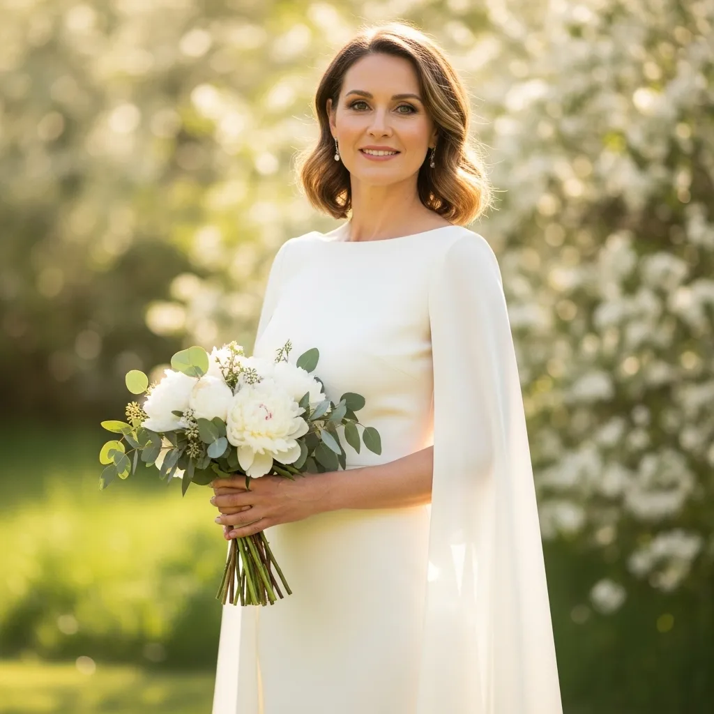Ivory Crepe Column Dress with Cape Sleeves