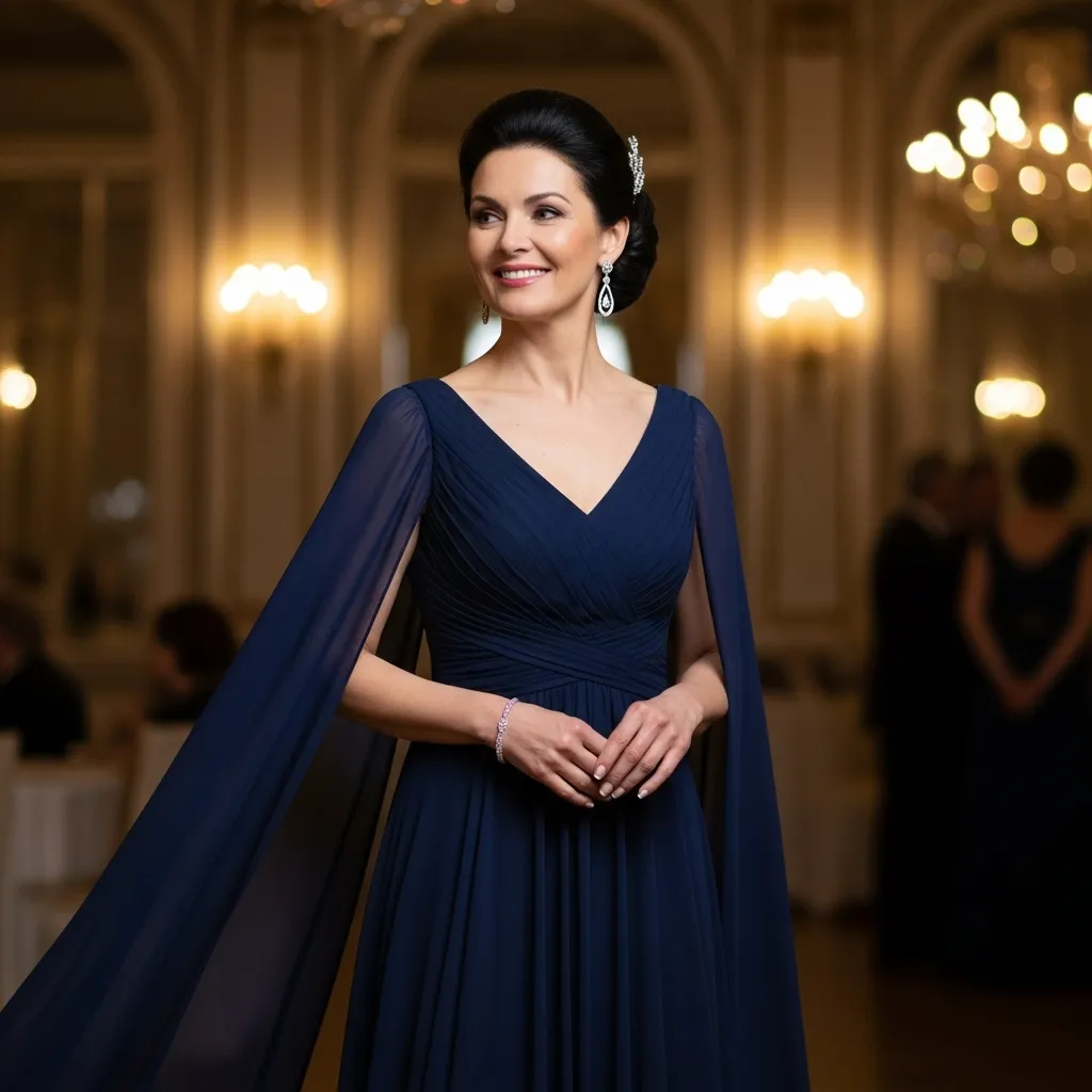 Navy Chiffon A-Line Gown with Cape Sleeves