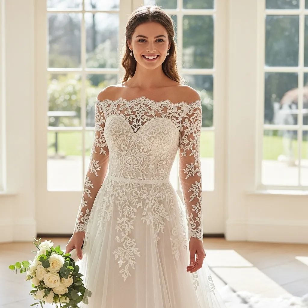 Off-the-Shoulder Lace Illusion Long-Sleeve Dress
