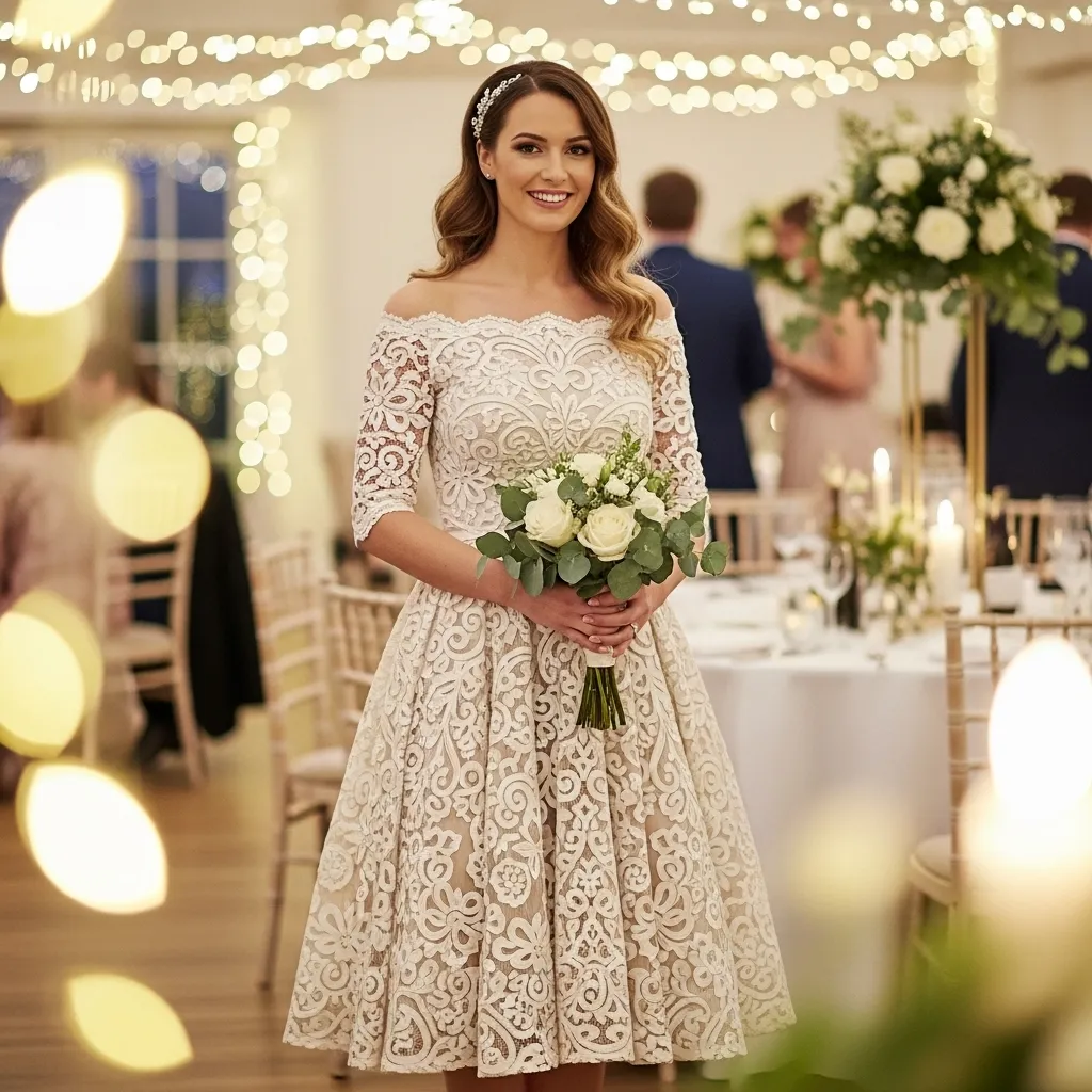 Off-the-Shoulder Lace Tea-Length Dress