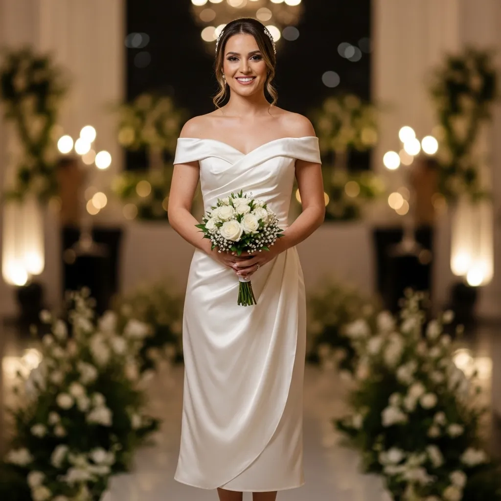 Off-the-Shoulder Satin Midi Reception Dress