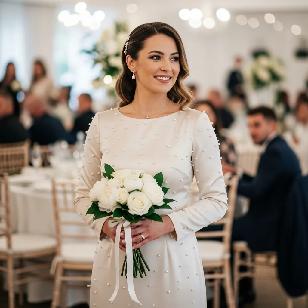 Pearl-Accented Long-Sleeve Midi Dress
