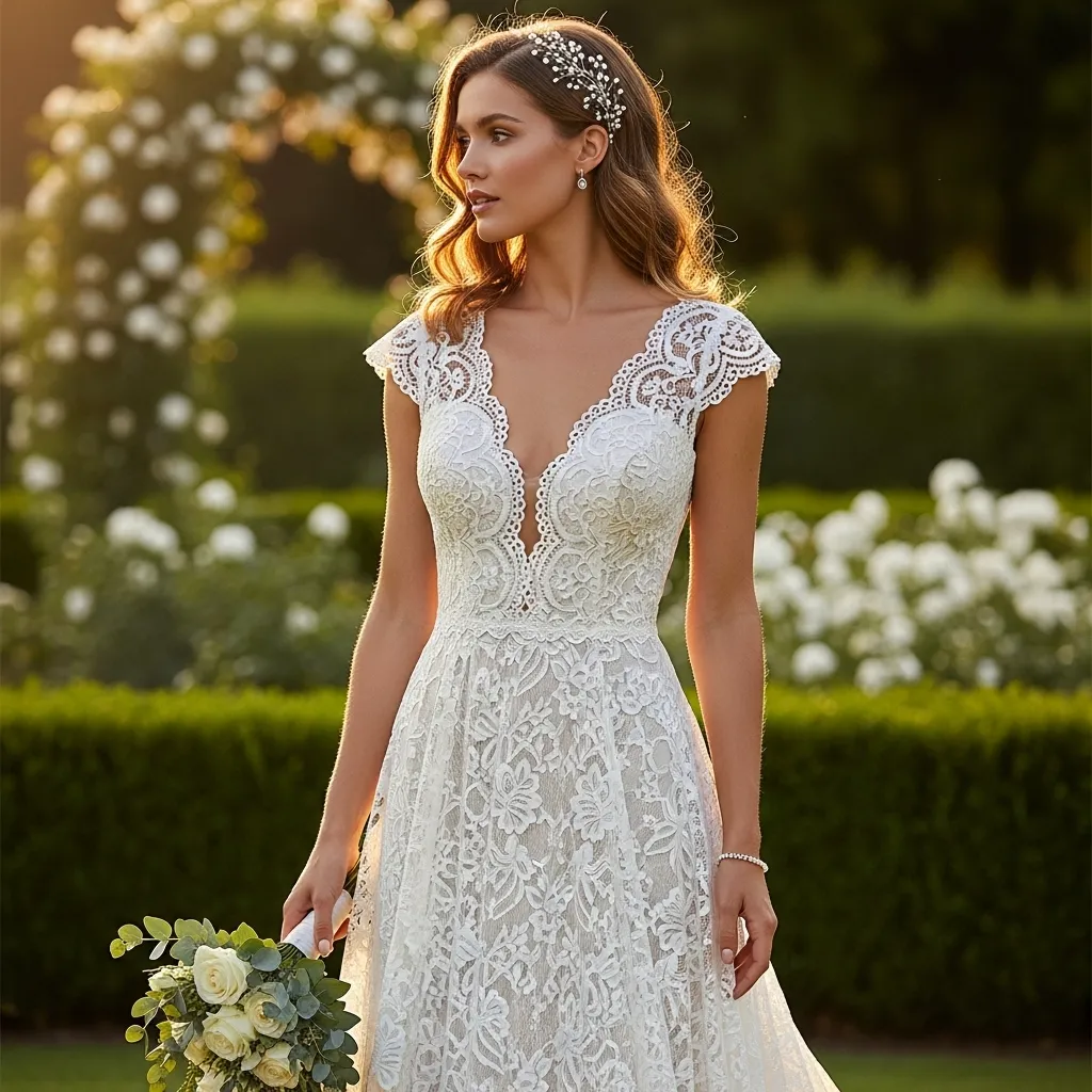 Scalloped Edge V-Neck Lace A-Line Dress