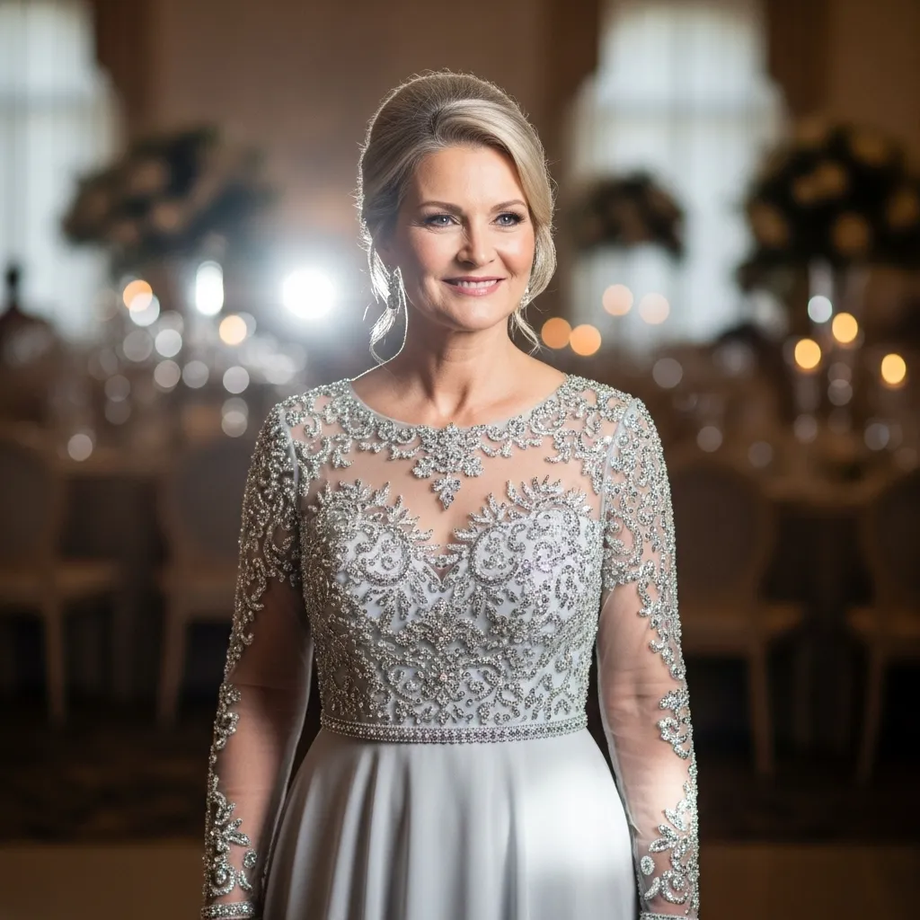 Silver Beaded Illusion Neckline Dress
