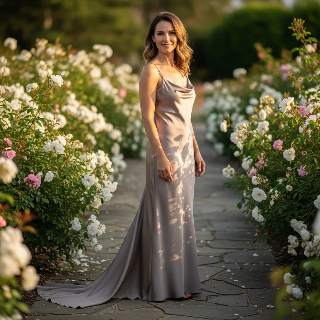 Taupe Silk Slip Dress with Train
