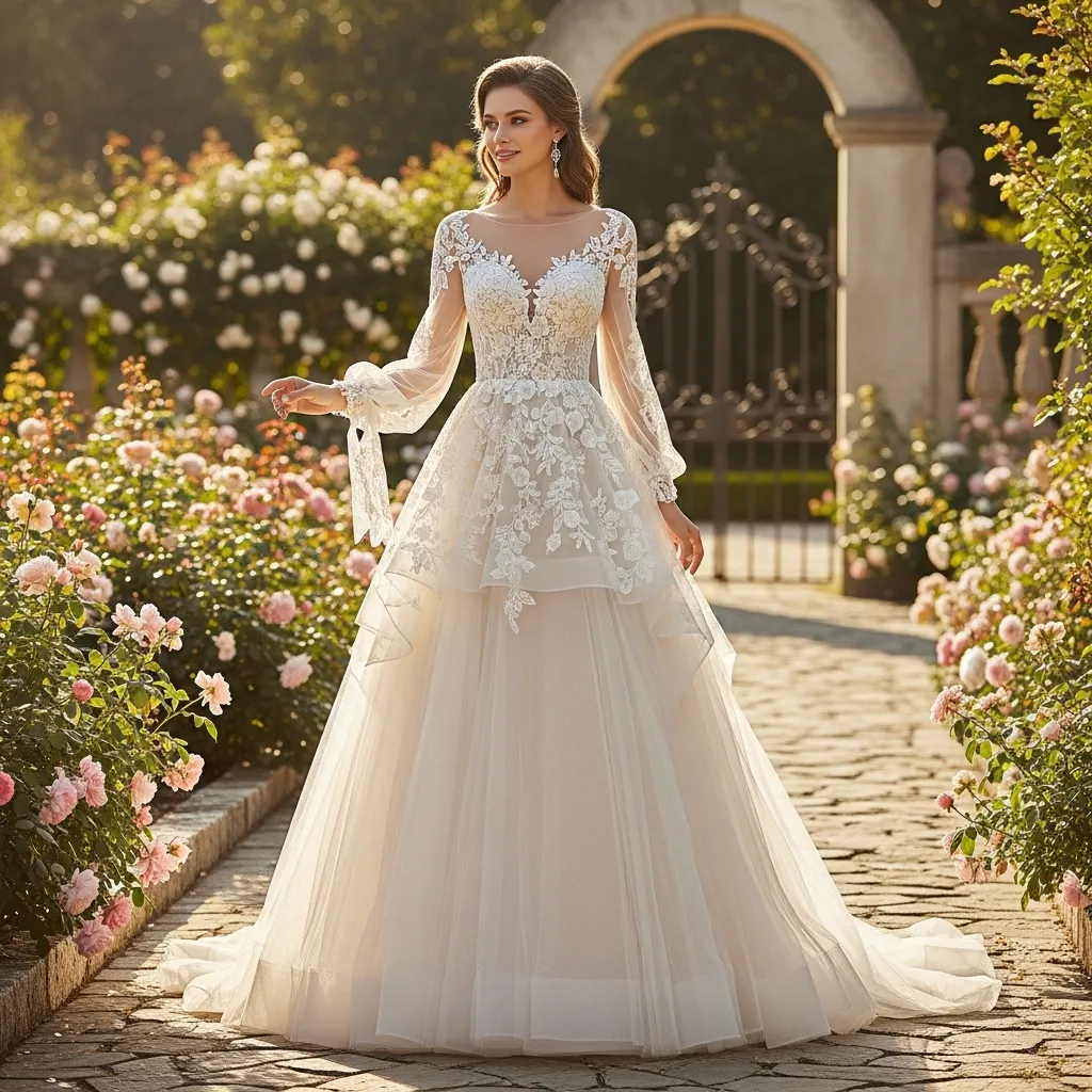 Tulle Long-Sleeve Princess Gown