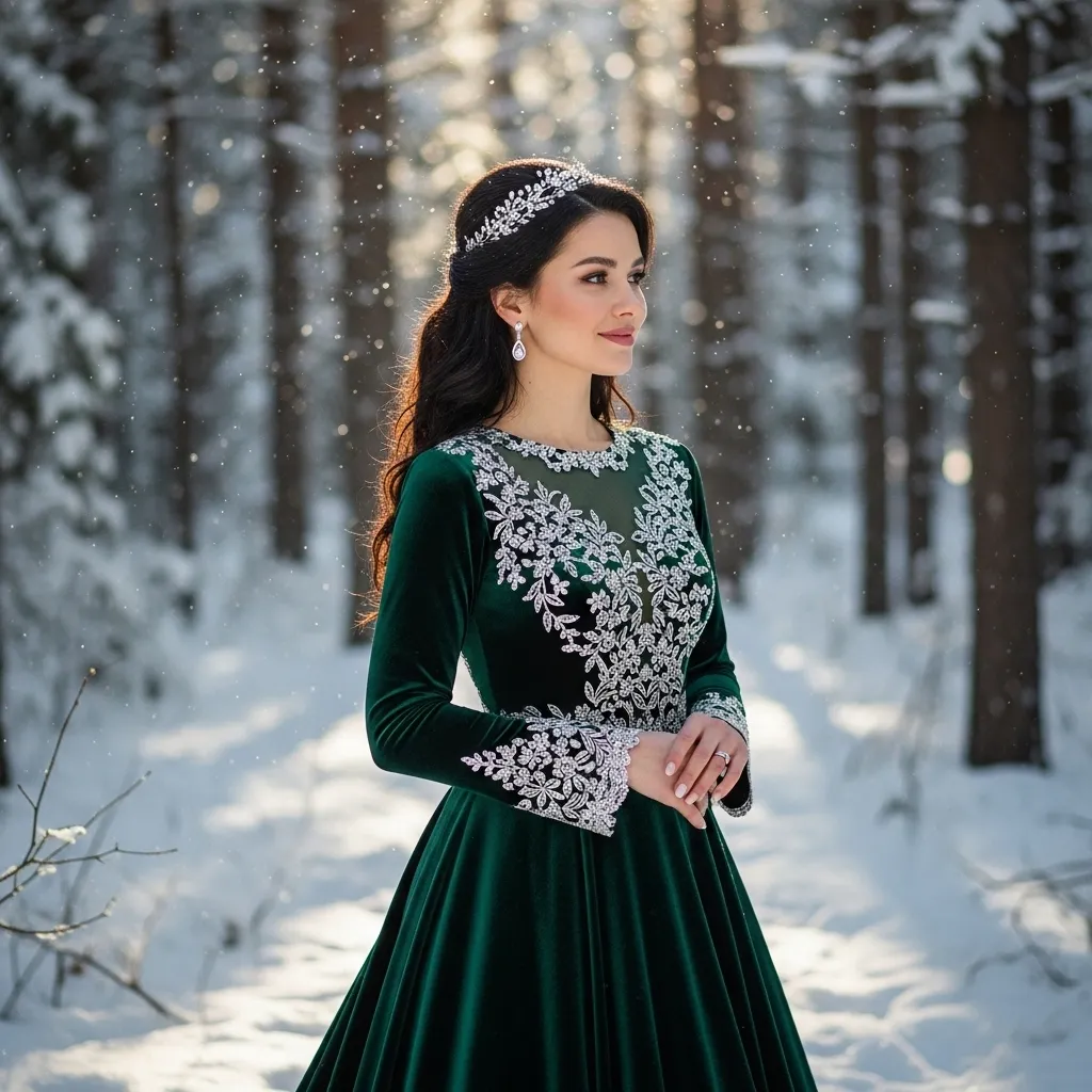 Velvet Long-Sleeve Winter Wedding Gown