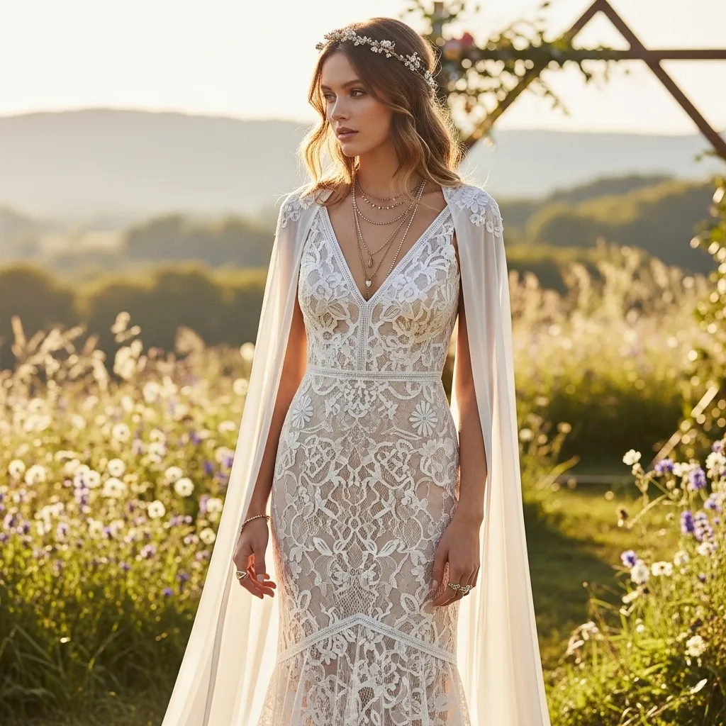 Boho Sheath Gown with Cape