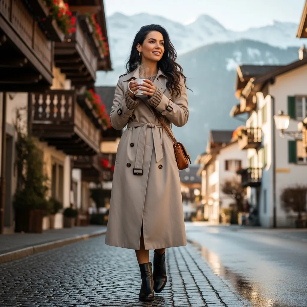 Chic trench coat with ankle boots