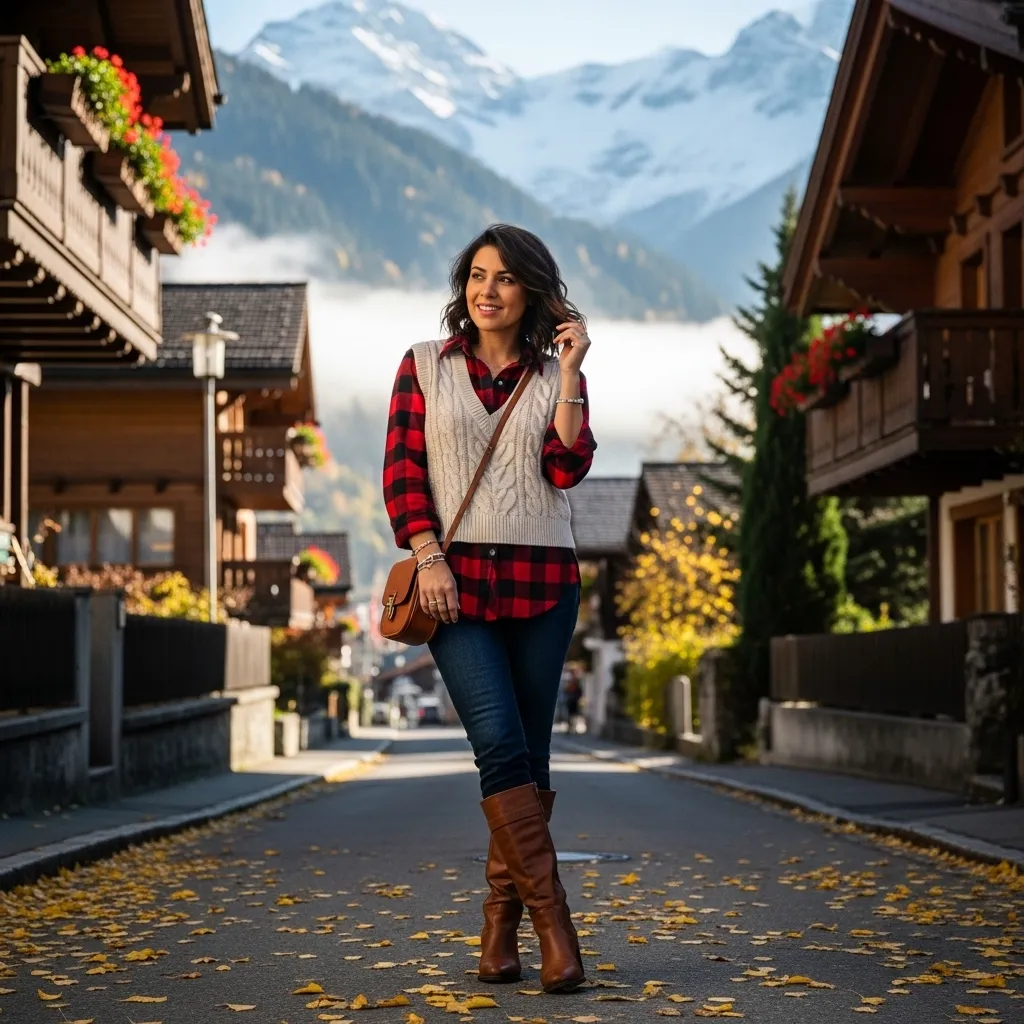 Flannel shirt layered with a vest