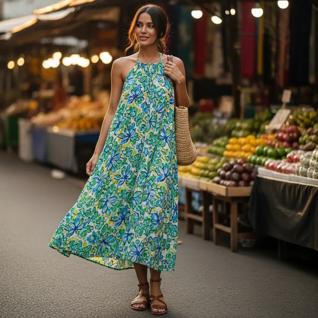 Halter Neck Dress with Flat Sandals