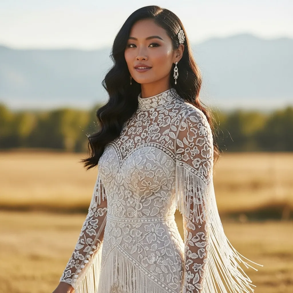 High-Neck Beaded Wedding Dress