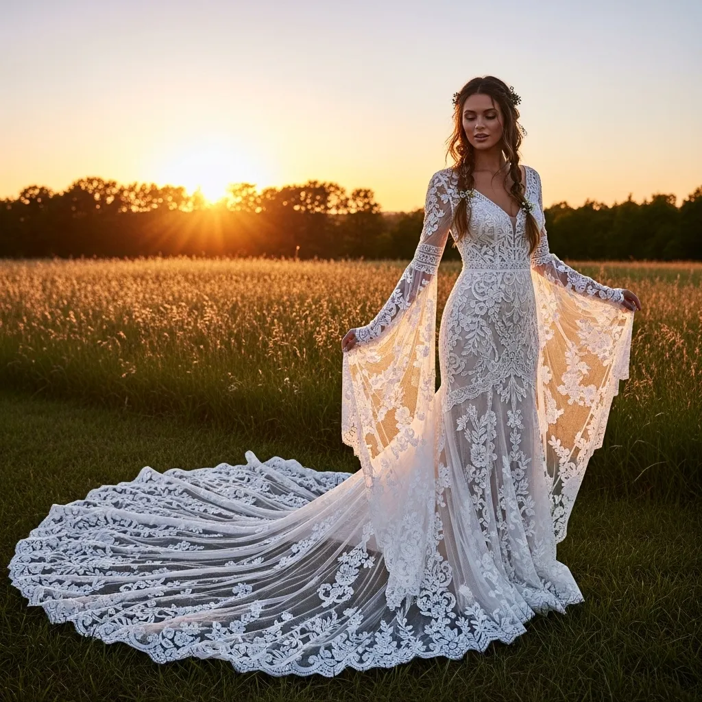 Long-Train Boho Lace Gown