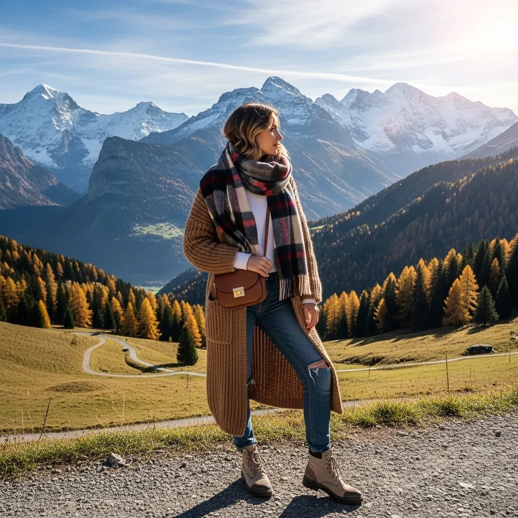 Long cardigan with scarf and jeans