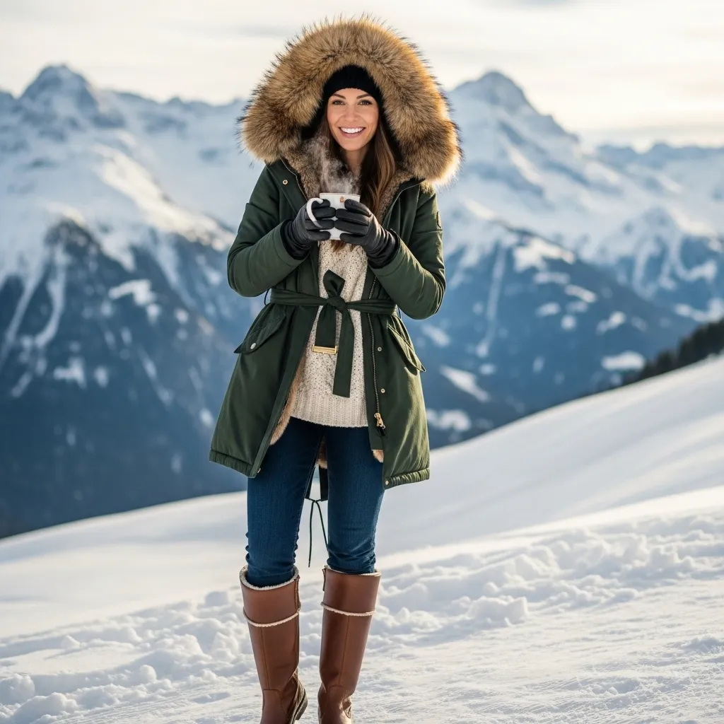 Parka with faux fur hood and boots