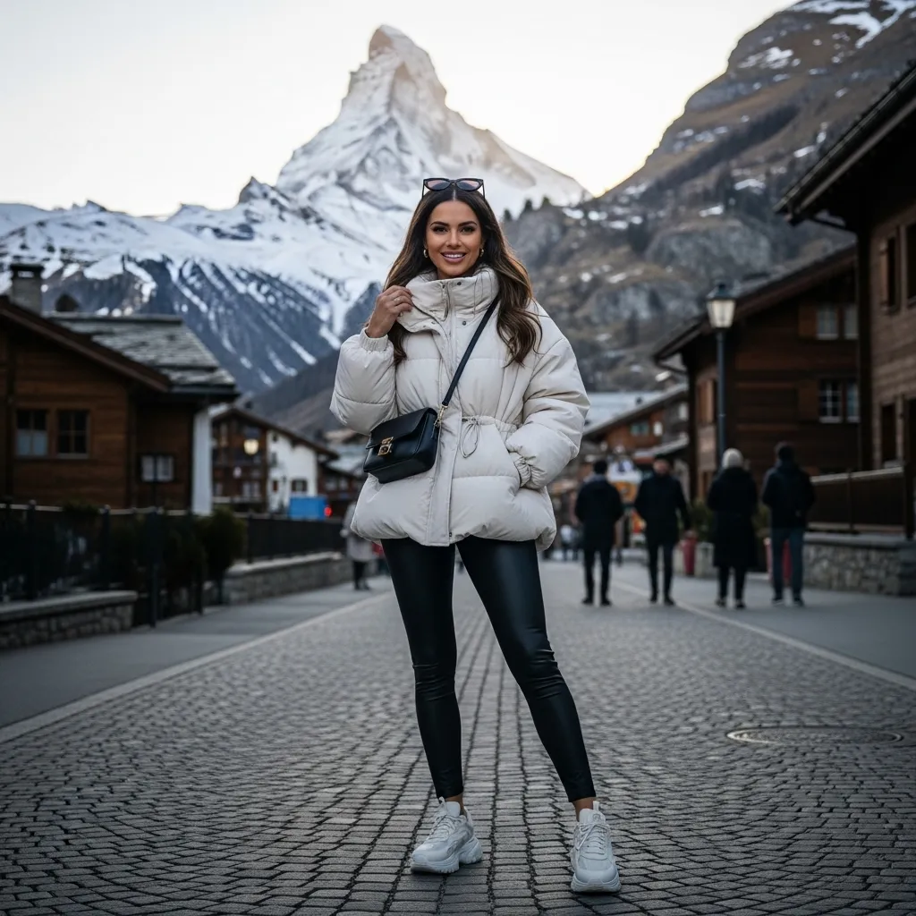 Puffer jacket with leggings and sneakers