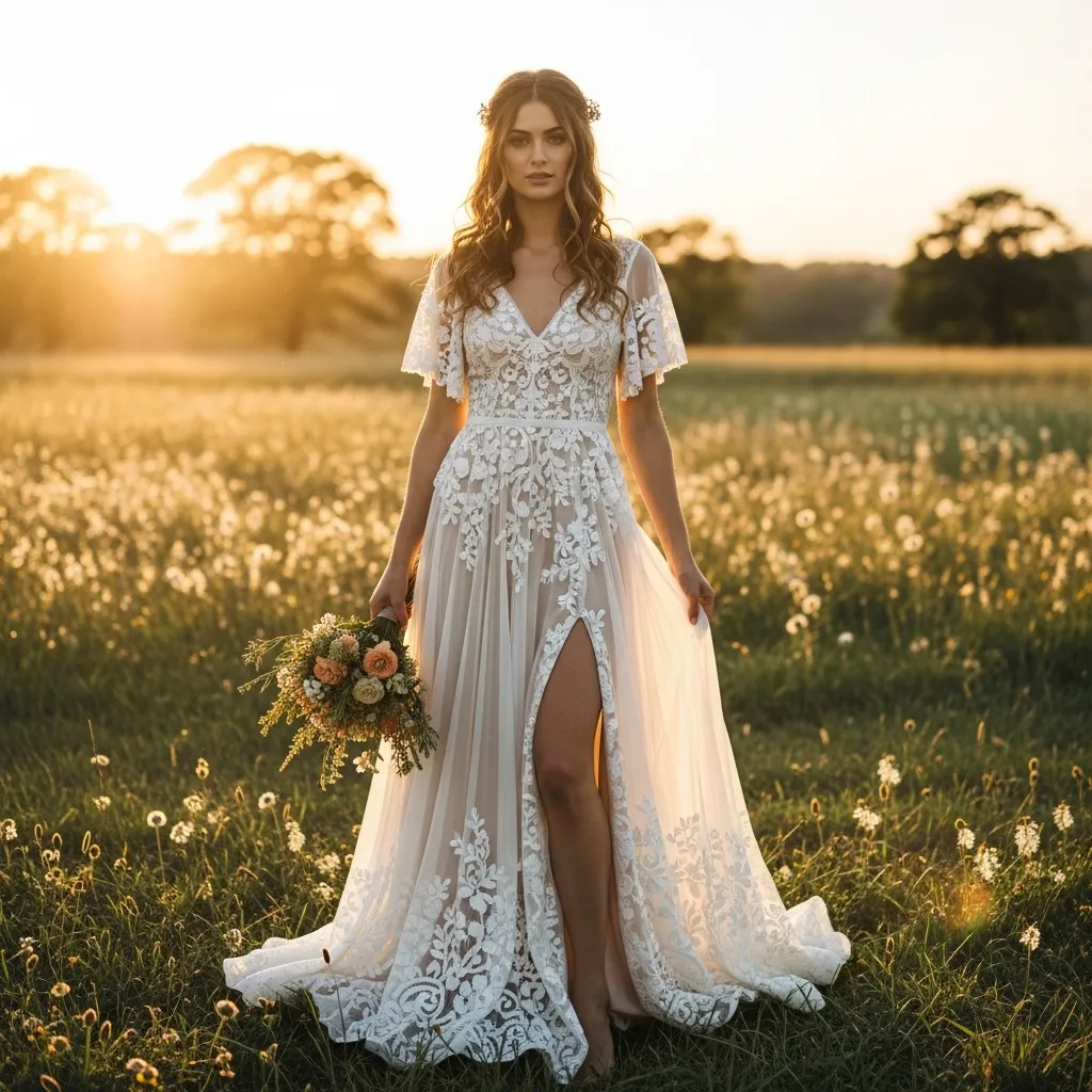 Sheer Flutter-Sleeve Boho Gown