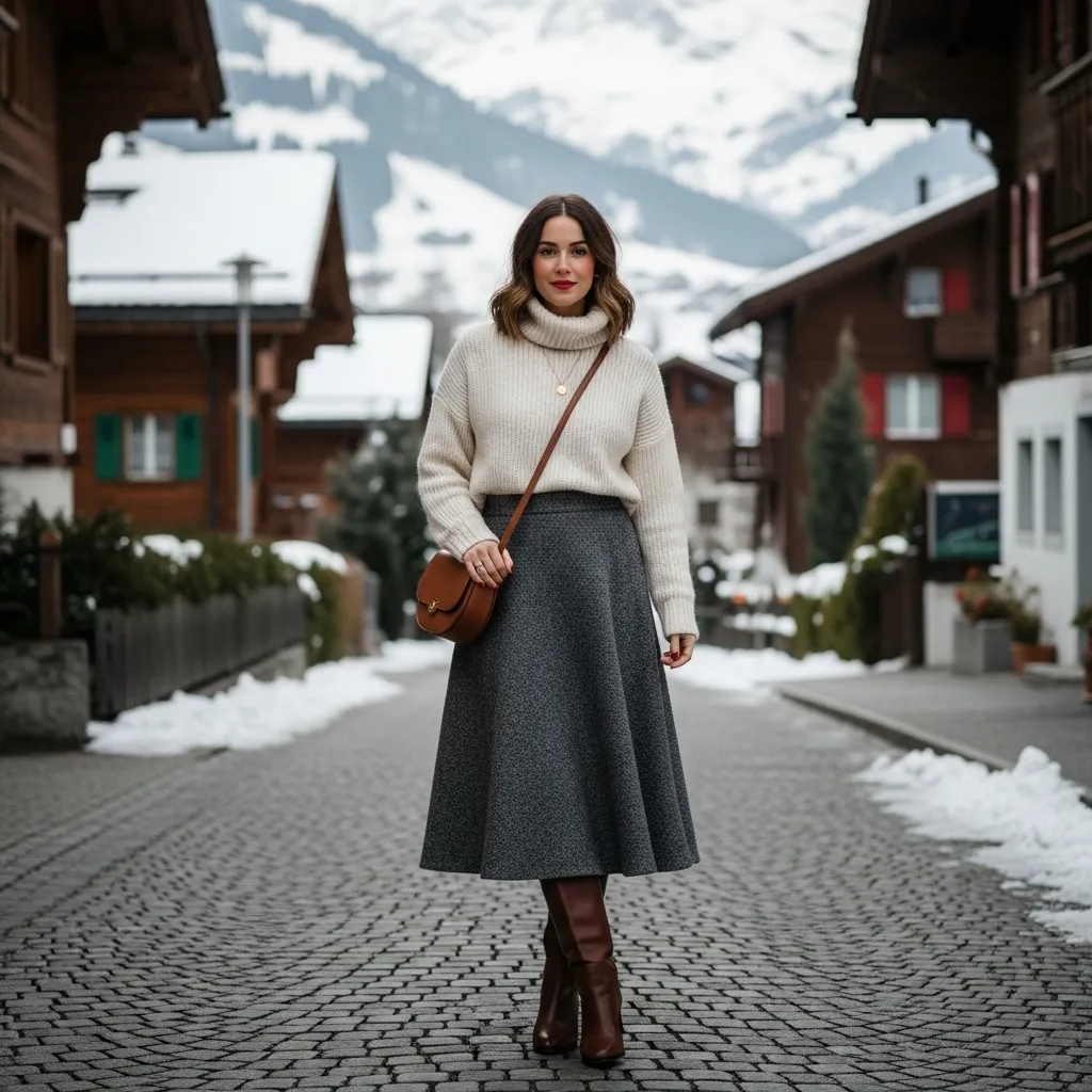Wool skirt with turtleneck and boots