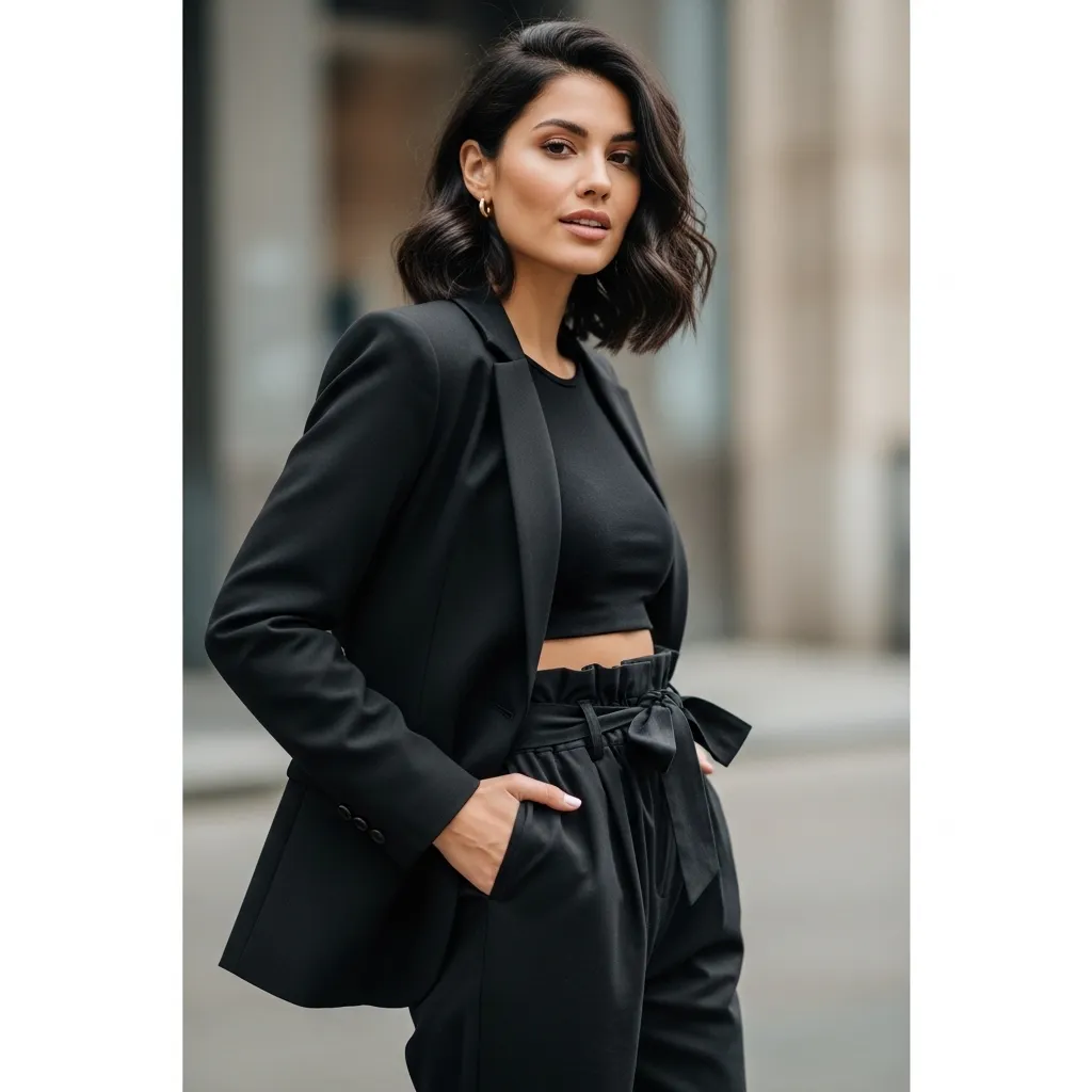 Black Paperbag-Waist Pants With Blazer