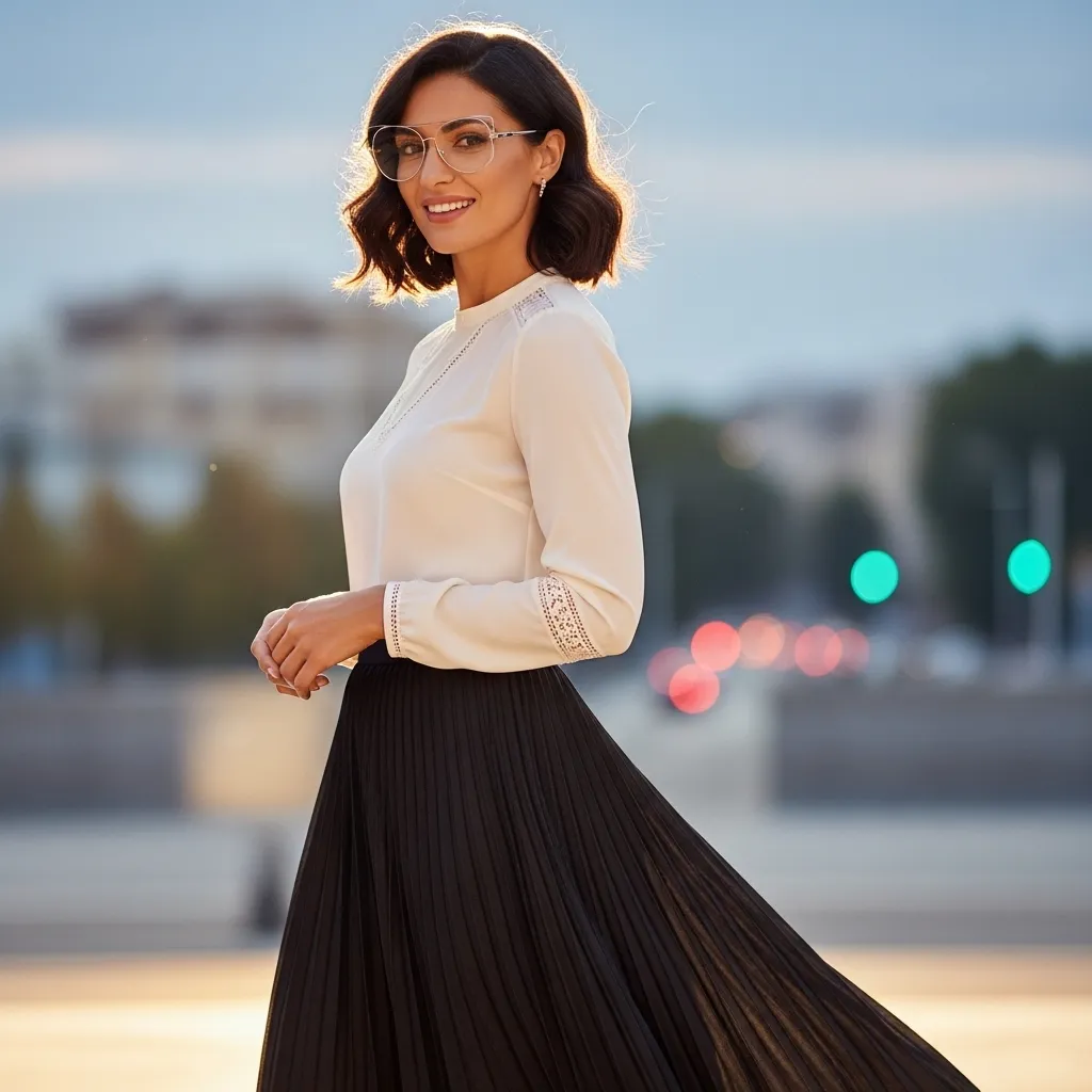 Black Pleated Midi Skirt With Blouse