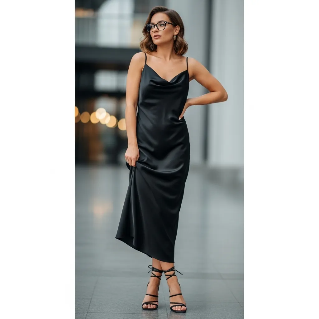 Black Satin Slip Dress With Strappy Heels