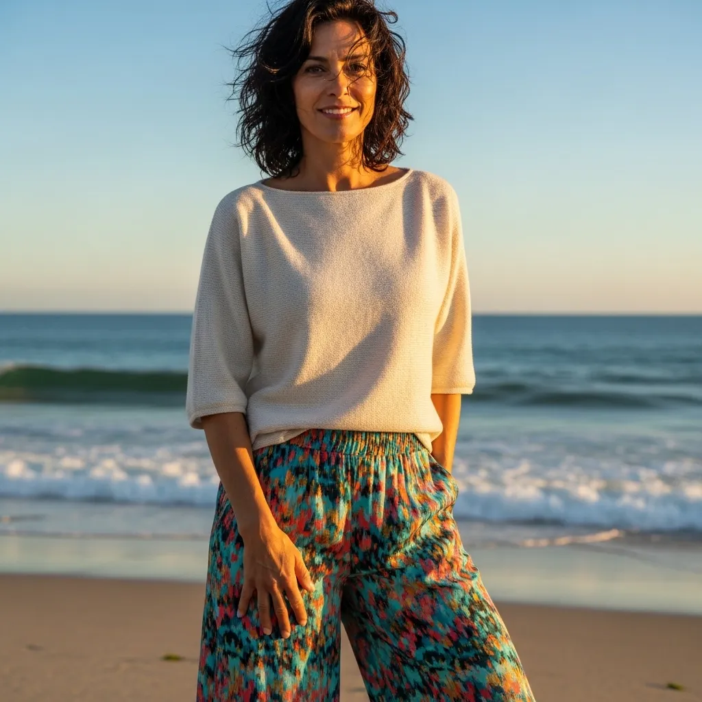 Boat-Neck Top With Printed Palazzo Pants