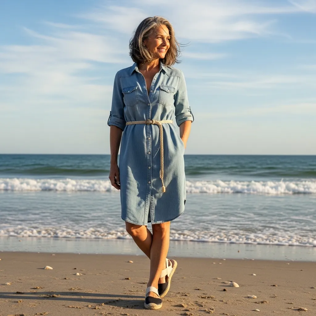 Chambray Button-Down Dress With Espadrilles