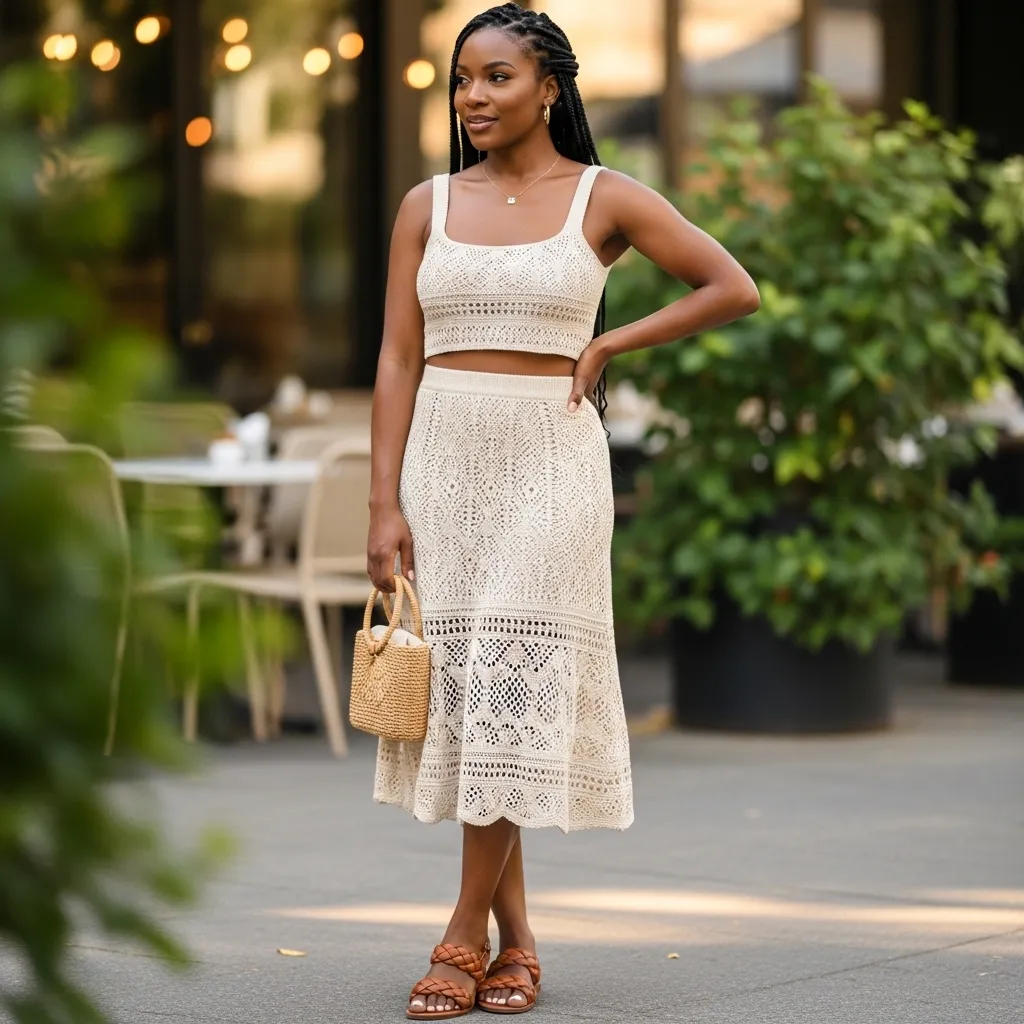 Crochet Two-Piece Skirt Set With Braided Sandals