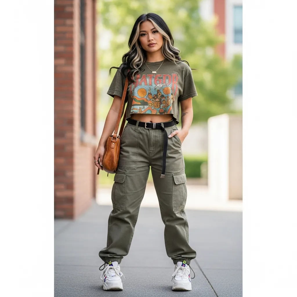 Cropped Graphic Tee With Cargo Pants