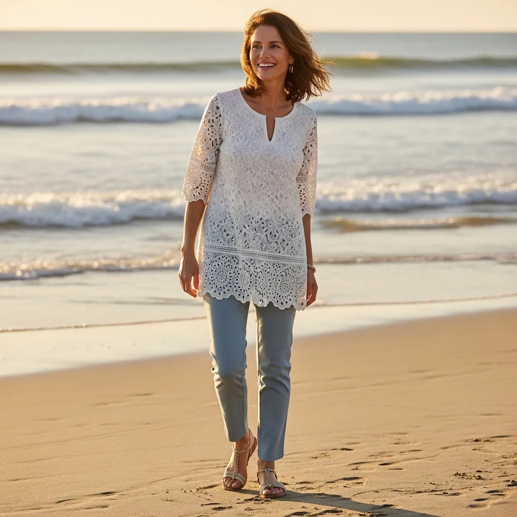 Eyelet Lace Tunic With Slim Ankle Pants