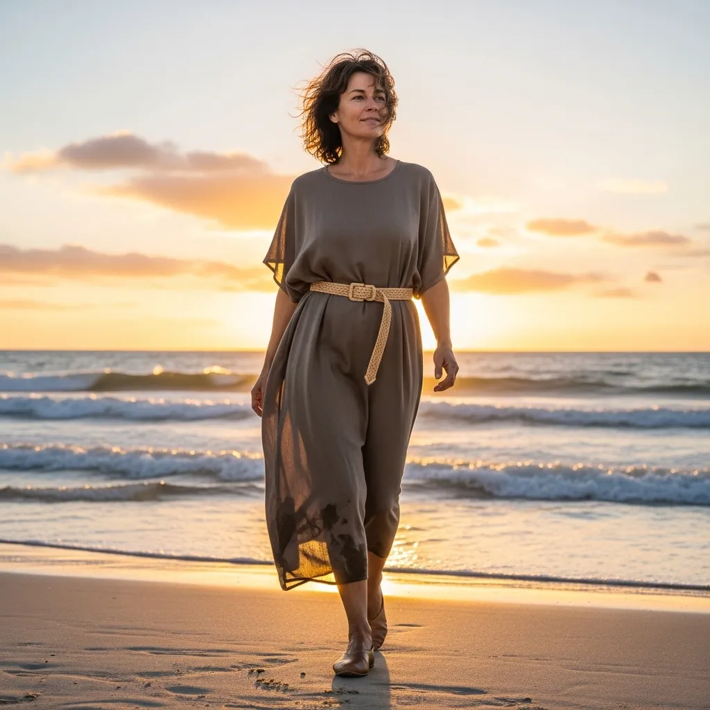 Flowy Kaftan Dress With Woven Belt And Leather Flats