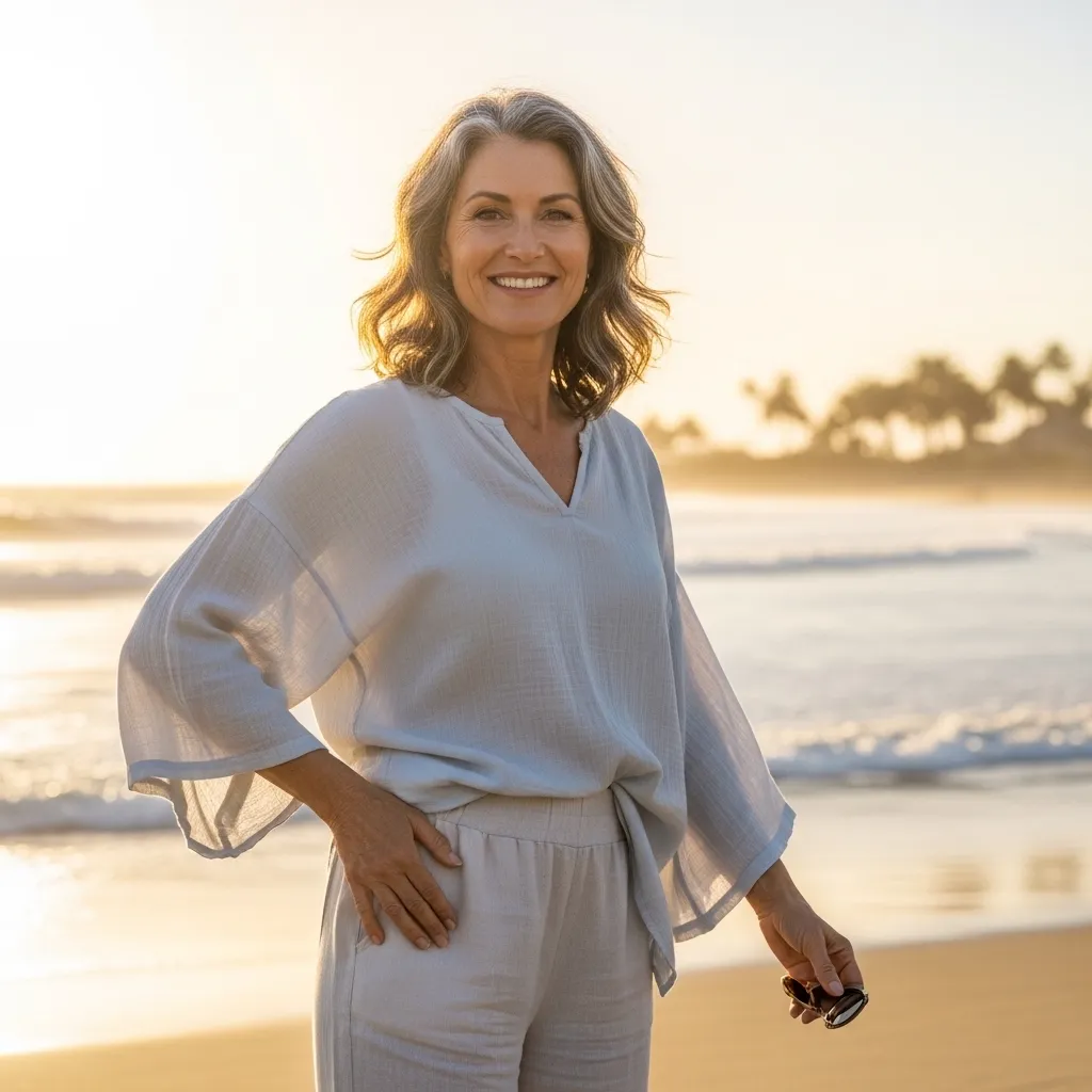 Gauze Fabric Blouse With Pull-On Linen Pants