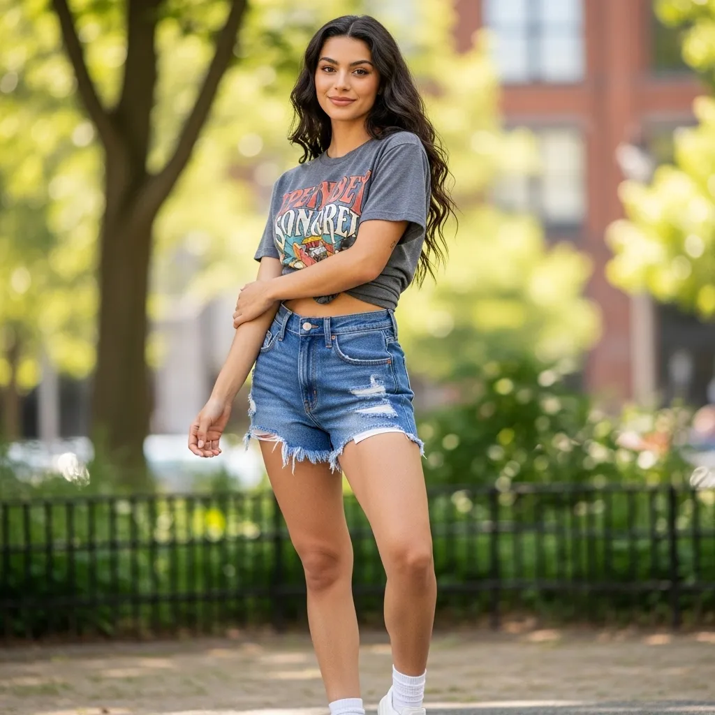 Graphic Tee Knotted With High-Waist Shorts
