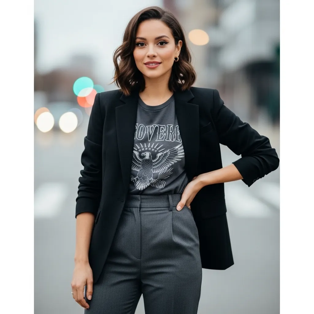 Graphic Tee Layered Under A Blazer With Tailored Pants