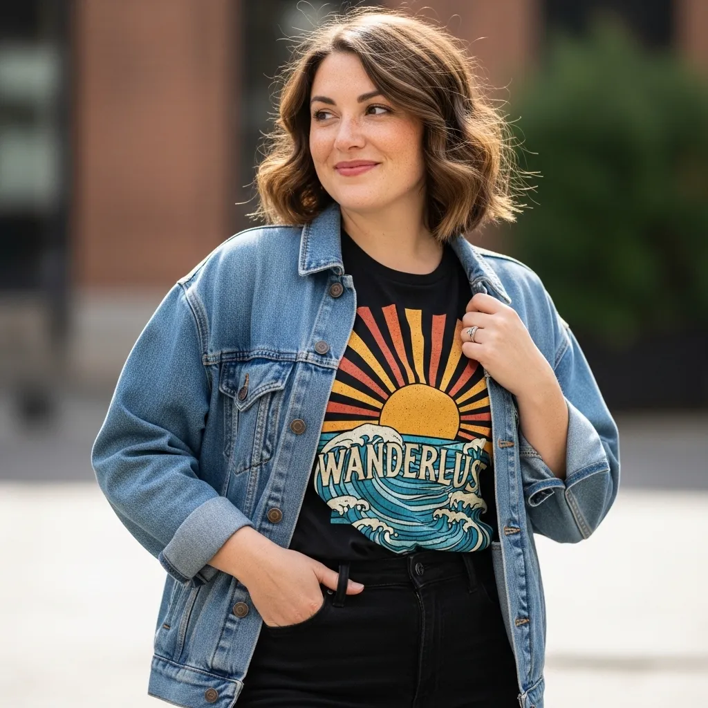 Graphic Tee Under A Denim Jacket With Black Jeans