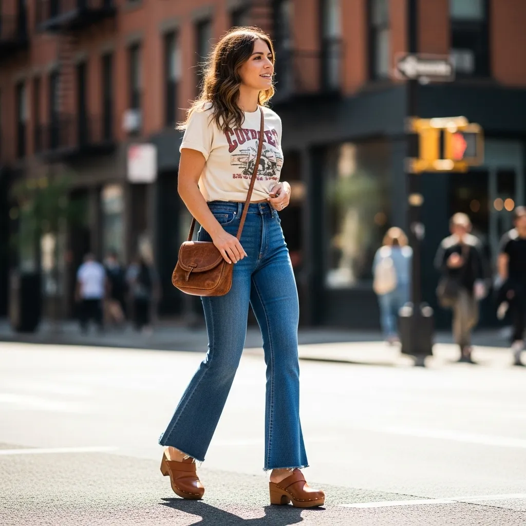 Graphic Tee With Flared Jeans And Platform Shoes