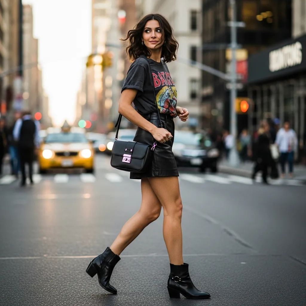 Graphic Tee With Leather Mini Skirt And Ankle Boots