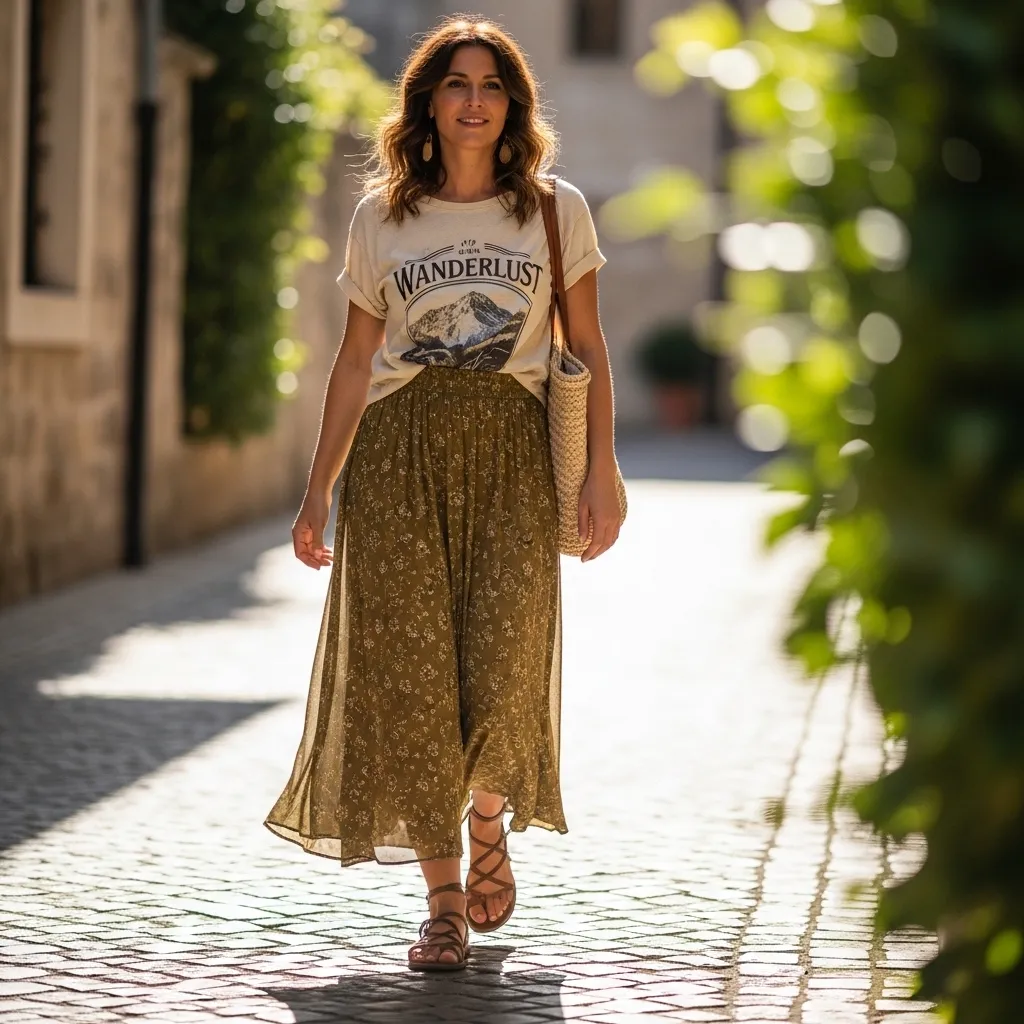 Graphic Tee With Maxi Skirt And Sandals