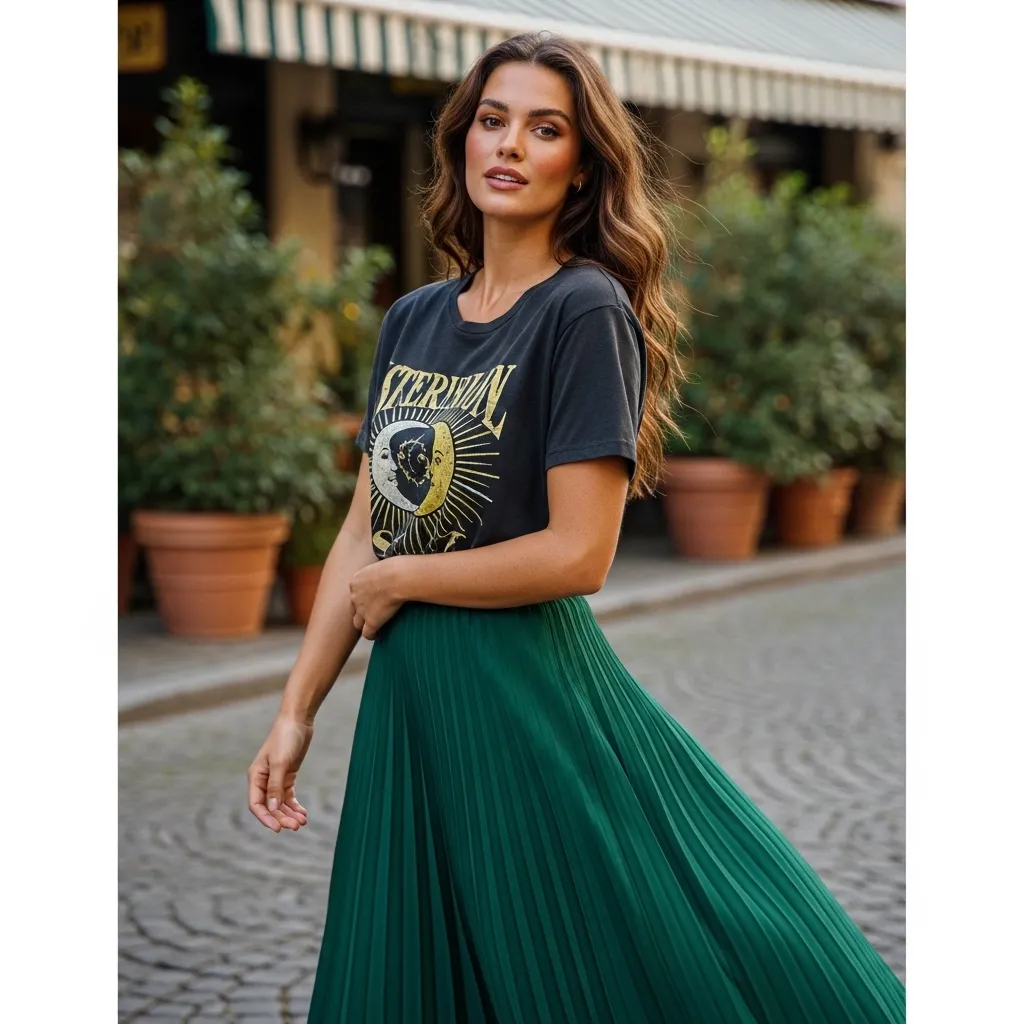 Graphic Tee With Pleated Midi Skirt