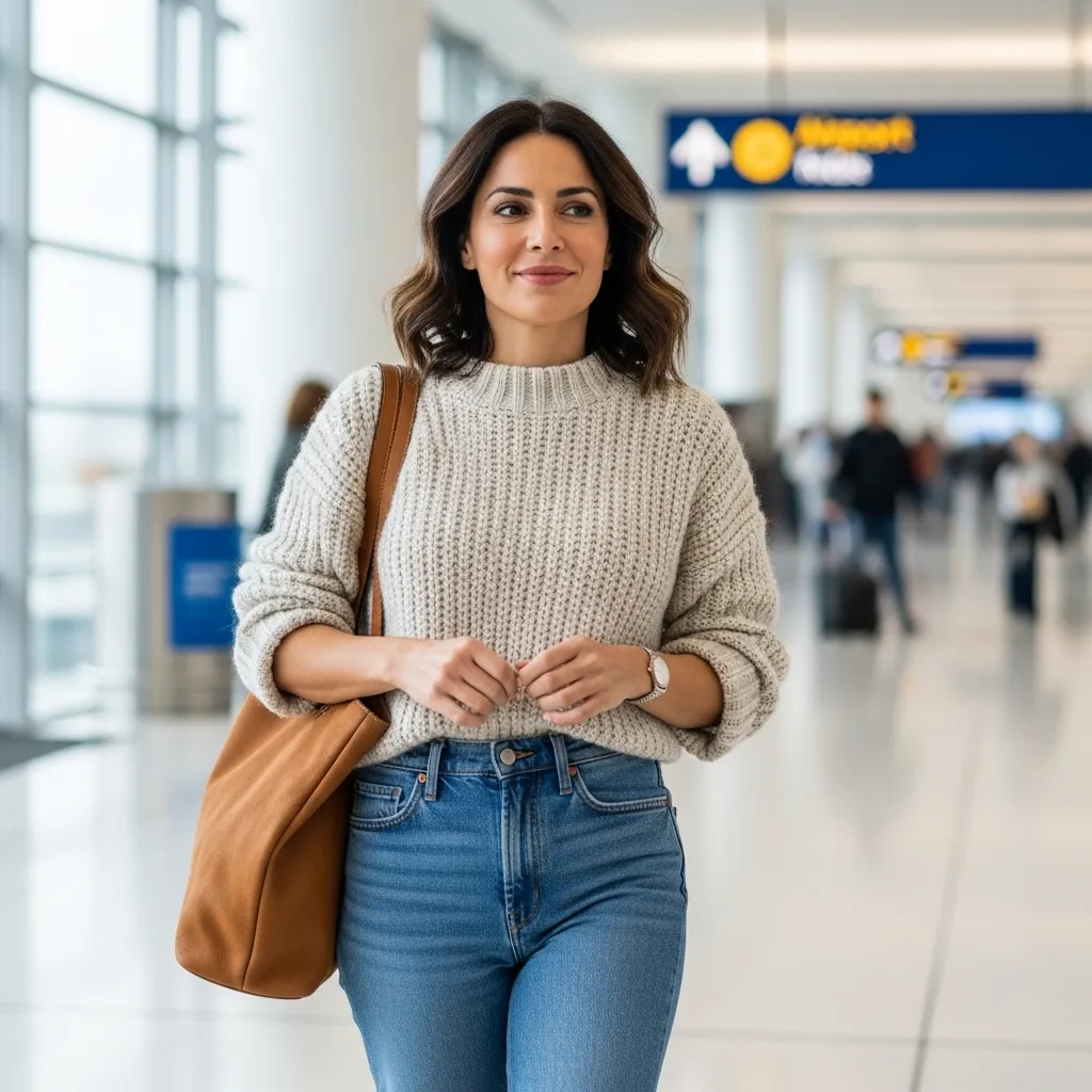 Knit sweater with straight-leg jeans
