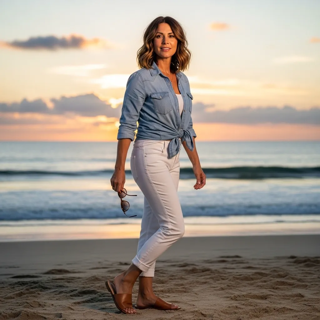 Lightweight Chambray Shirt With White Ankle Pants And Slide Sandals
