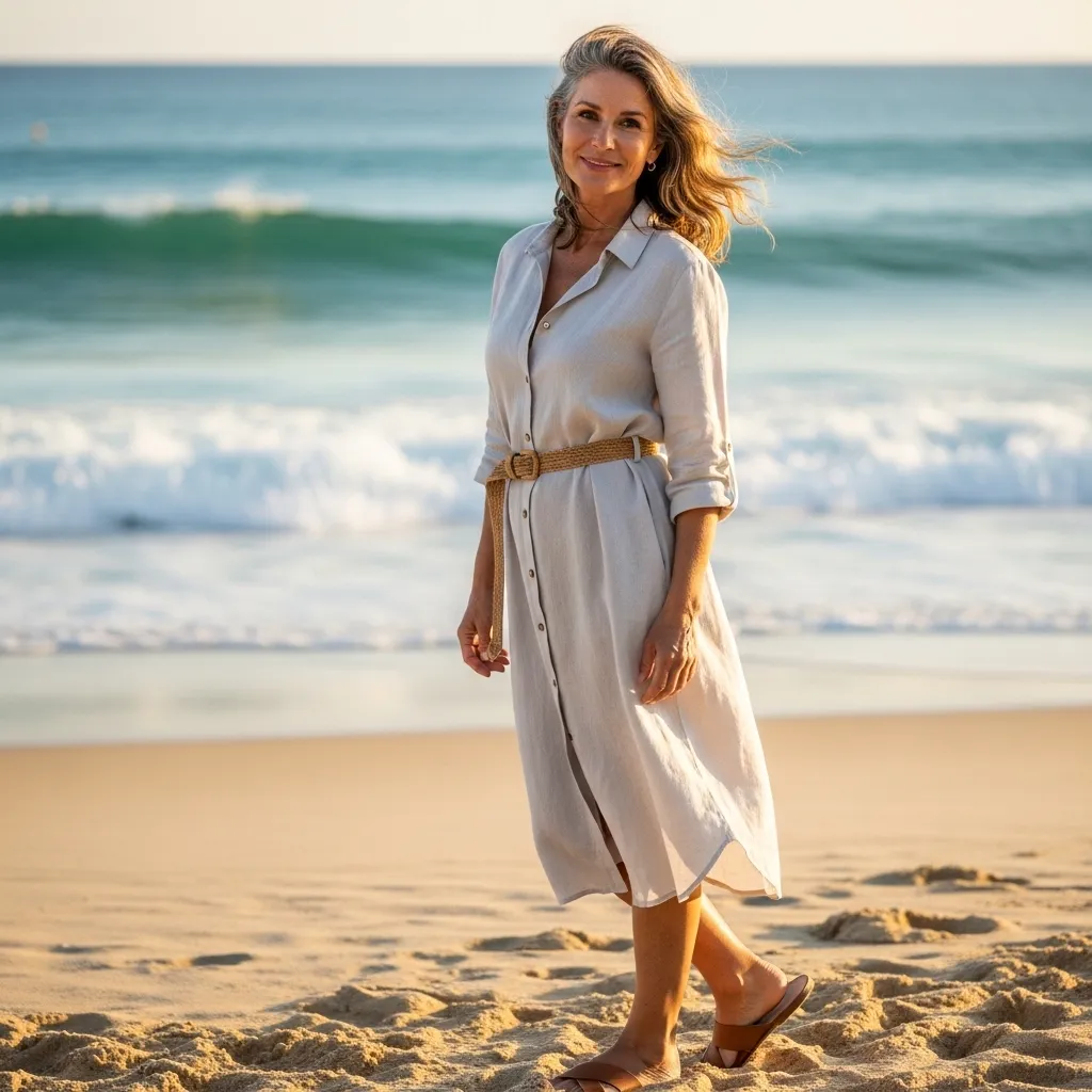 Linen Midi Shirt Dress With Woven Belt And Leather Sandals
